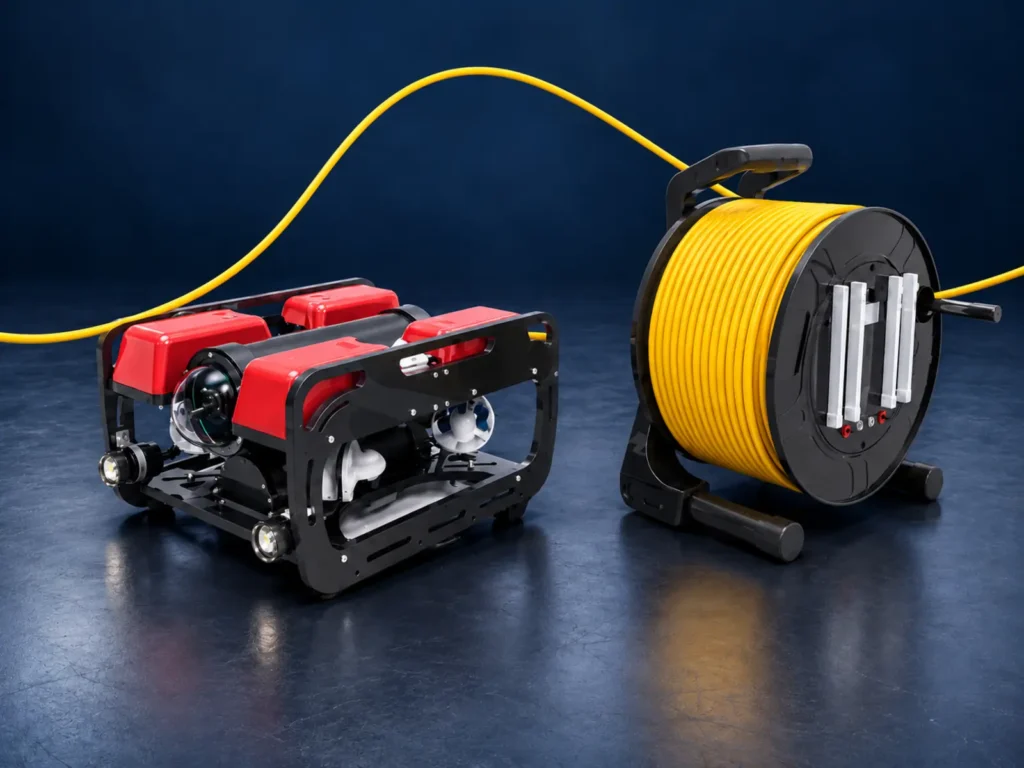 Compact underwater ROV with a portable yellow tether reel