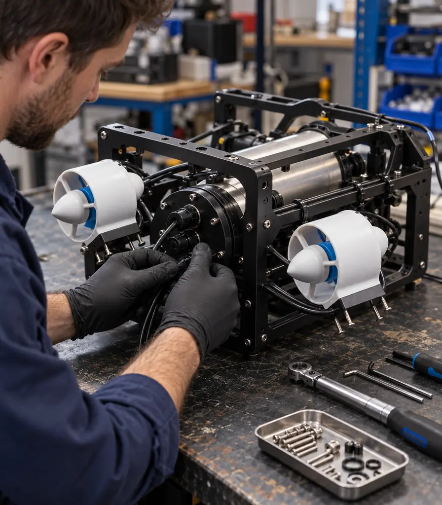 Underwater robotics engineer assembling a compact ROV at a professional workshop bench