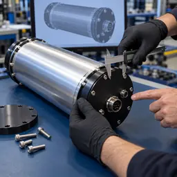 Engineers reviewing the dimensions and connector interface of an underwater pressure housing