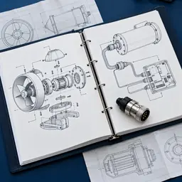 Technical binder with underwater thruster drawings and wiring documentation