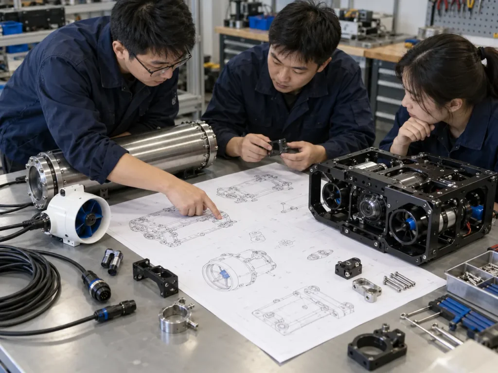 Chinese underwater robotics engineers reviewing ROV drawings and components during a project meeting