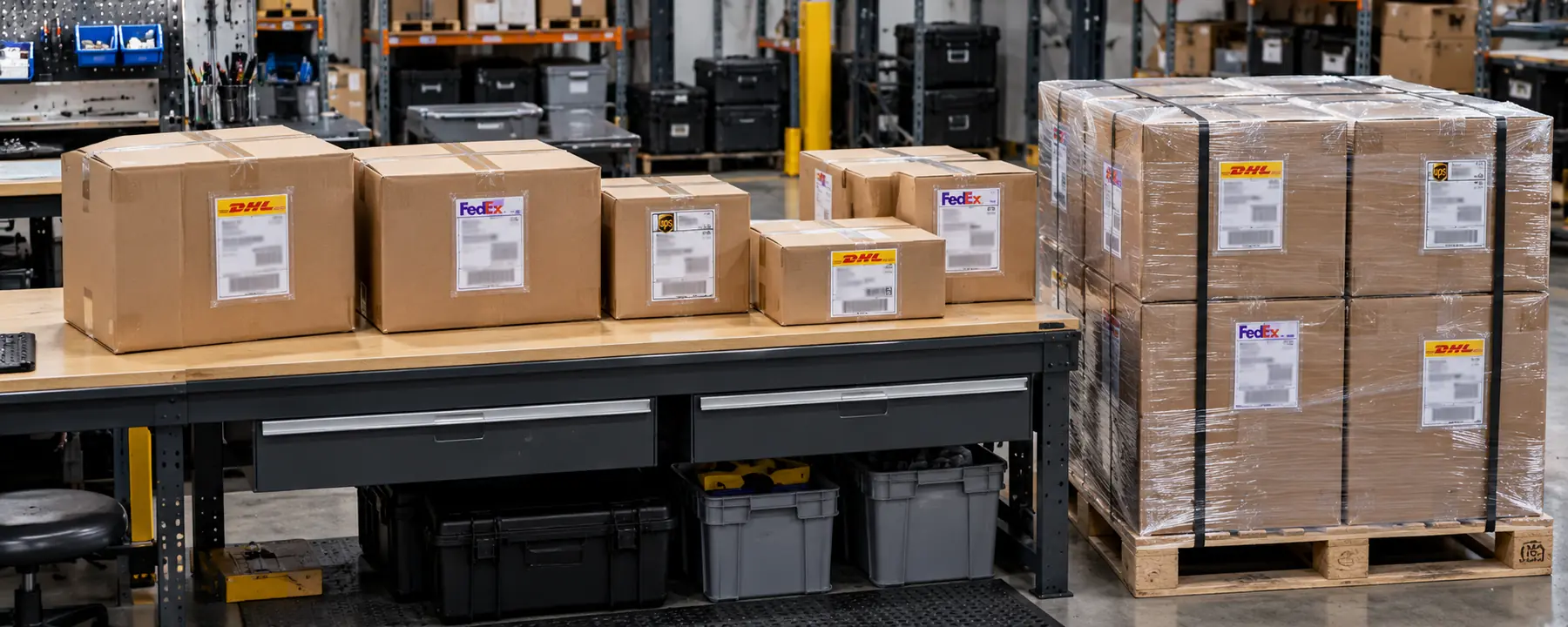 International courier shipments prepared for global delivery of underwater robotics components