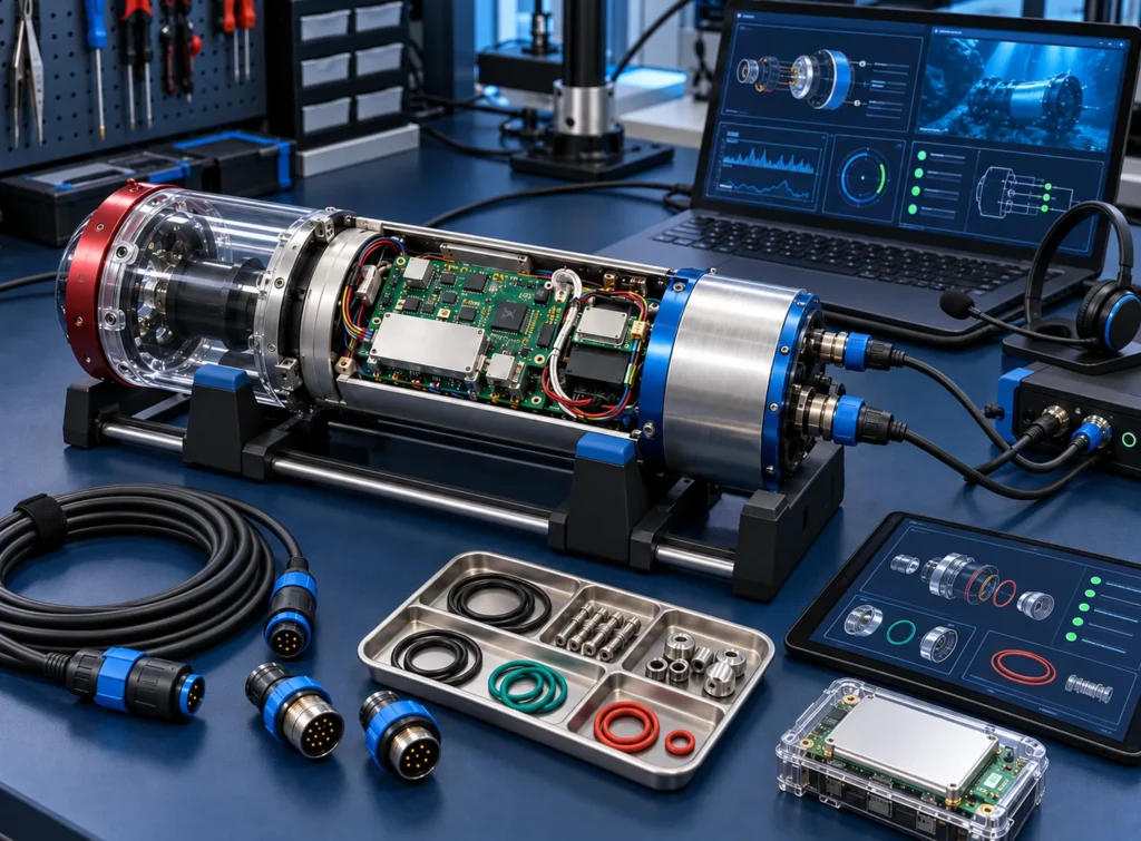 Underwater electronics housing connected for remote technical diagnosis with service headset, spare connectors and support components