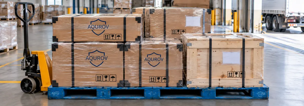Palletized cartons of underwater components prepared for an international freight shipment