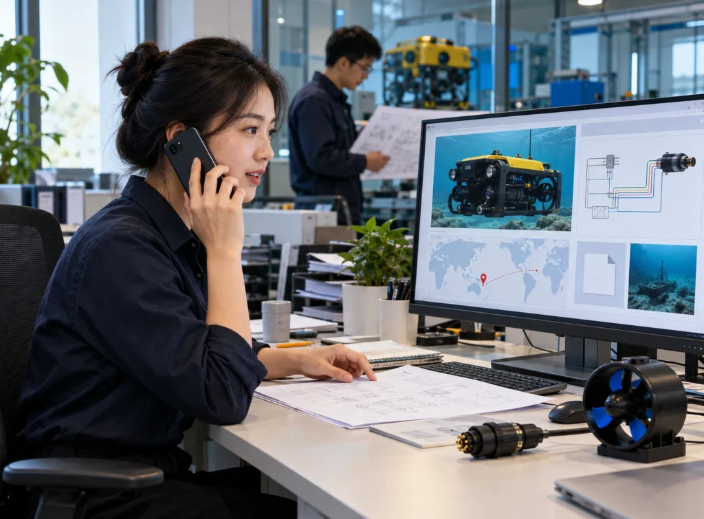 AQUROV technical sales specialist reviewing an underwater ROV enquiry while speaking with a customer