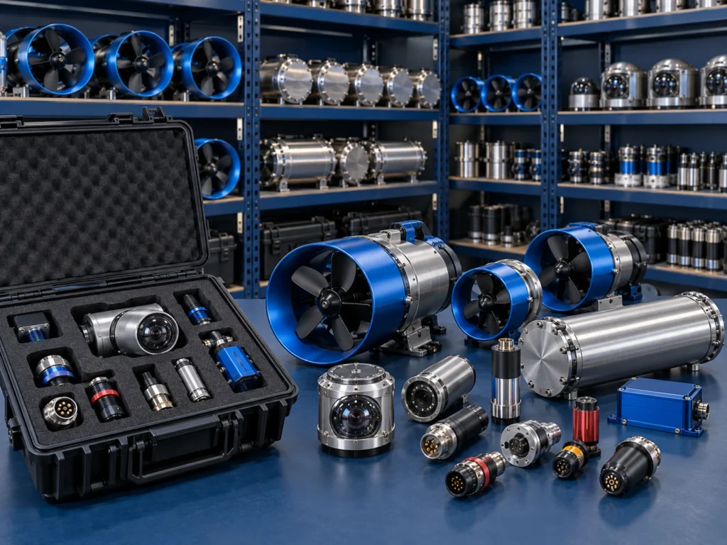 AQUROV distributor product display with underwater robotics components and organized repeat inventory