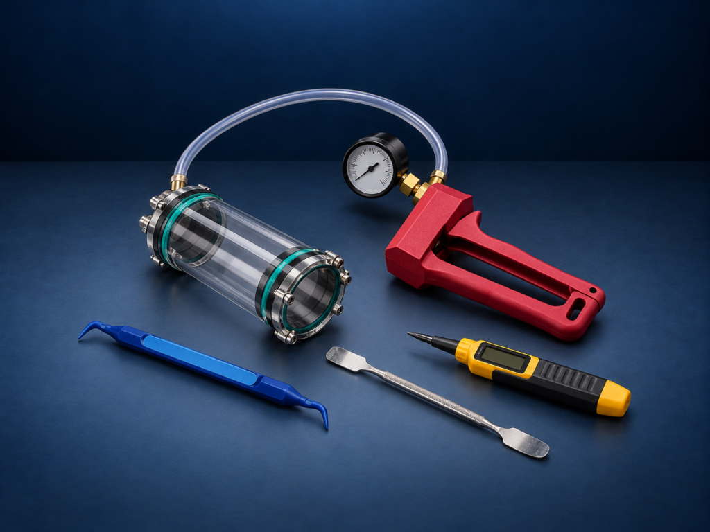 Vacuum testing tools, O-ring picks and inspection equipment for underwater robotics