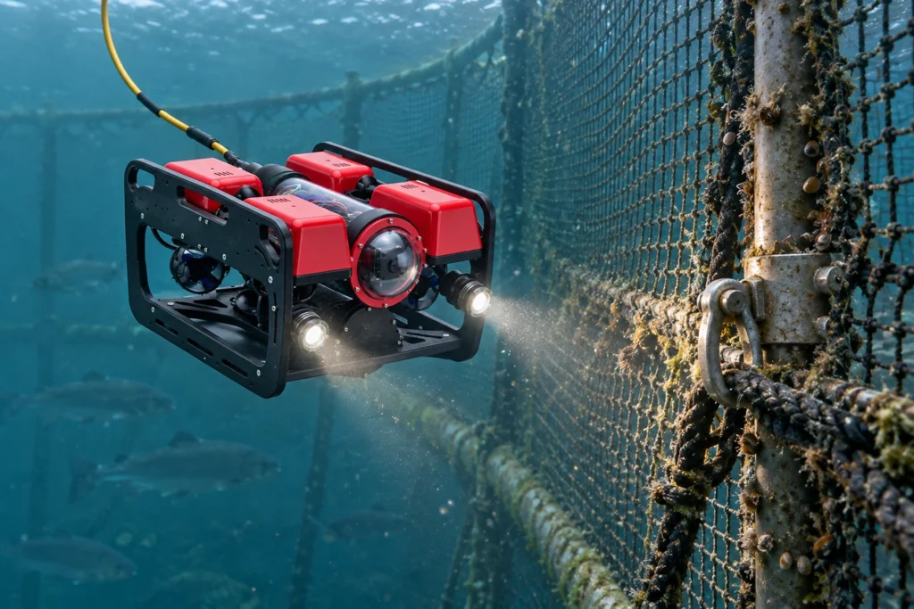 Compact professional ROV inspecting underwater fish-farm cage netting and aquaculture infrastructure