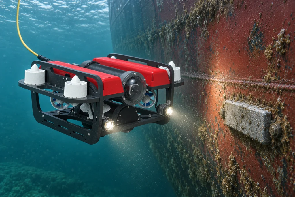 Clear view of a professional ROV inspecting a commercial vessel’s underwater hull, weld seam and sacrificial anode