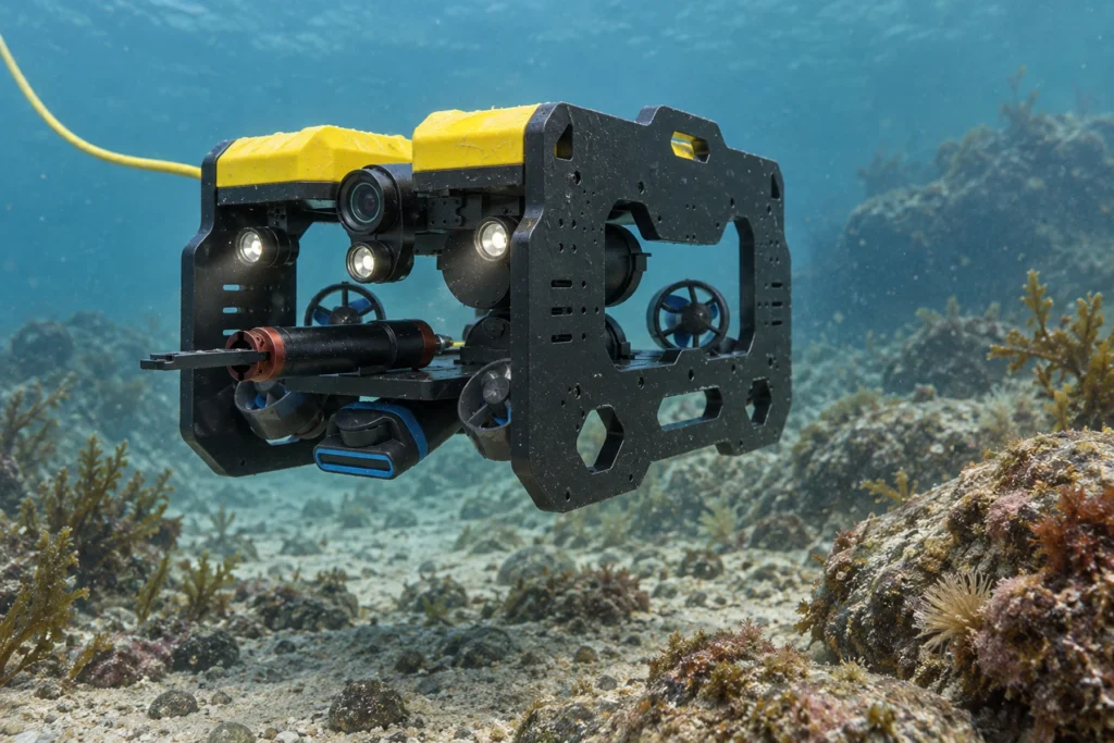 Professional yellow-and-black ROV conducting marine research and environmental observation above a natural seabed