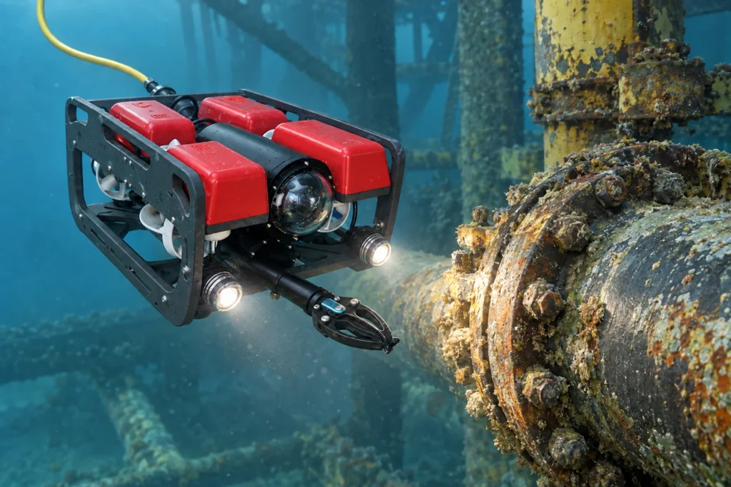 Professional ROV inspecting a corroded subsea pipeline flange and offshore structural hardware
