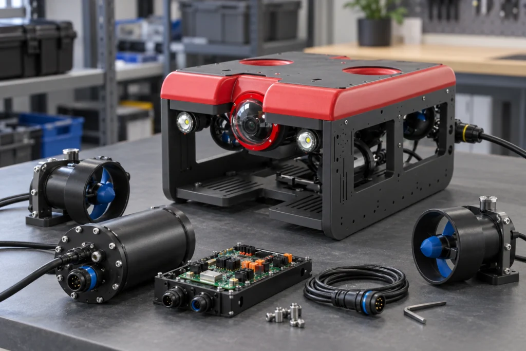 Modular ROV prototype with thrusters, electronics housing and control hardware on an engineering development bench