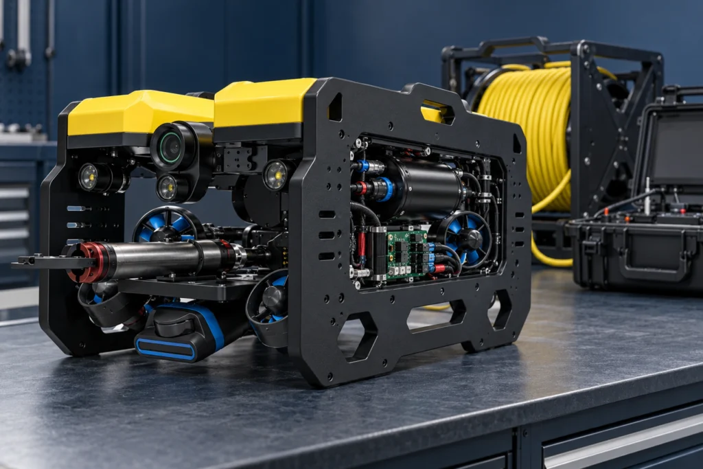 Underwater robotics control, power and communication components integrated into a modular ROV system