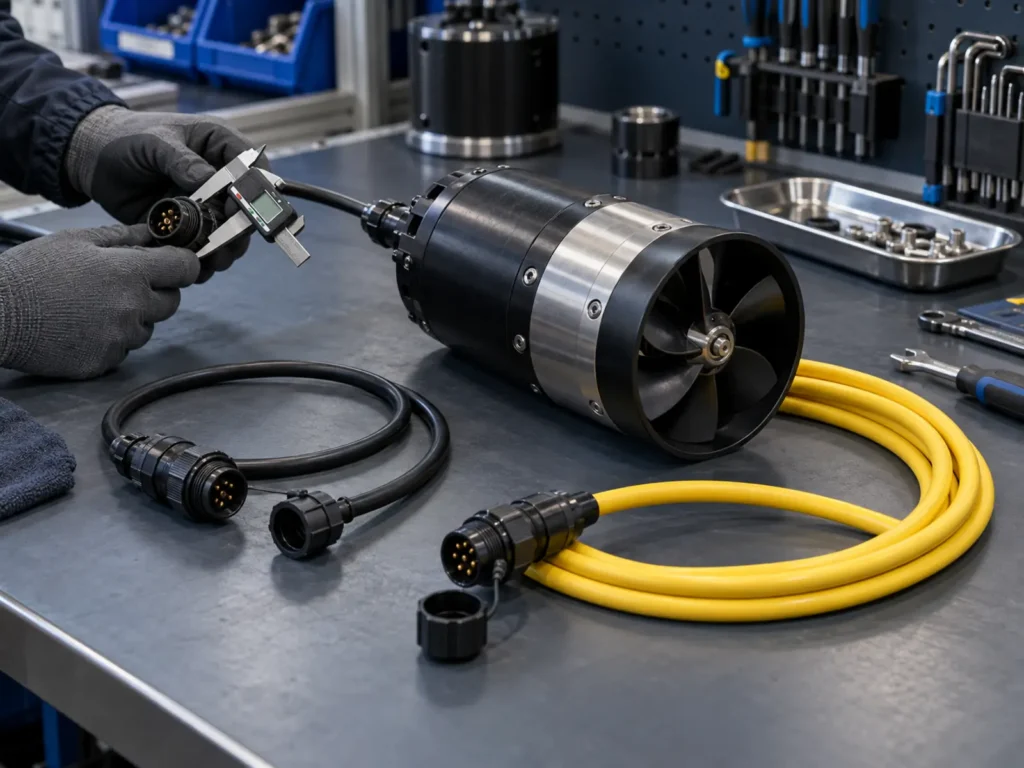 AQUROV underwater thruster with customized cable and connector options being measured on an engineering workbench