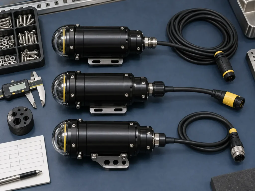 Three customized underwater component samples arranged for cable, connector and mounting approval