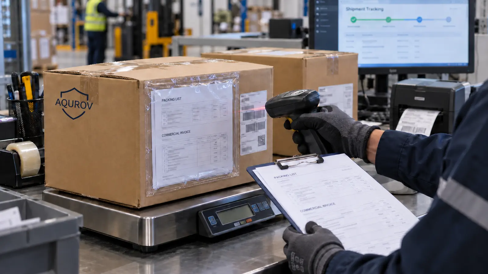 AQUROV international shipment being scanned with packing list and commercial invoice before dispatch