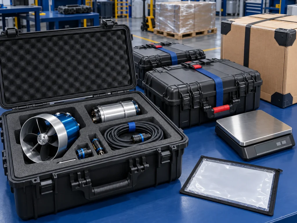 Underwater robotics components secured in protective cases and prepared for international shipment