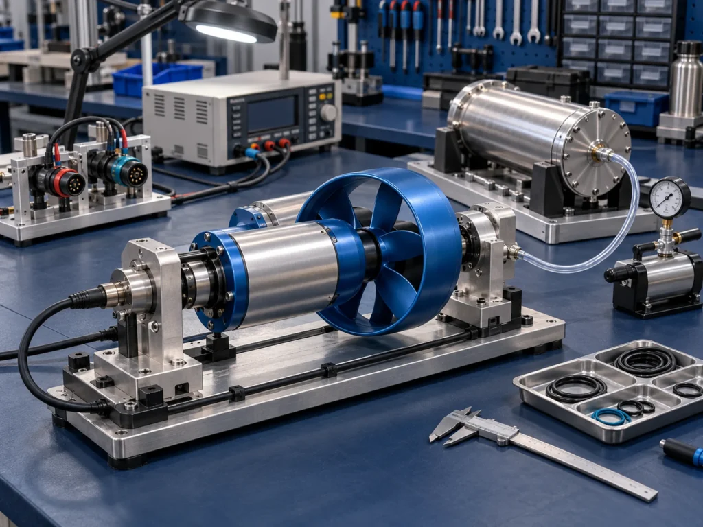 Underwater thruster, pressure housing and subsea connectors undergoing functional and leak testing on a professional inspection bench