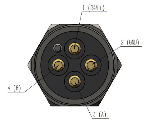 Original four-contact connector drawing labelled 1 24V positive, 2 GND, 3 RS-485 A and 4 RS-485 B