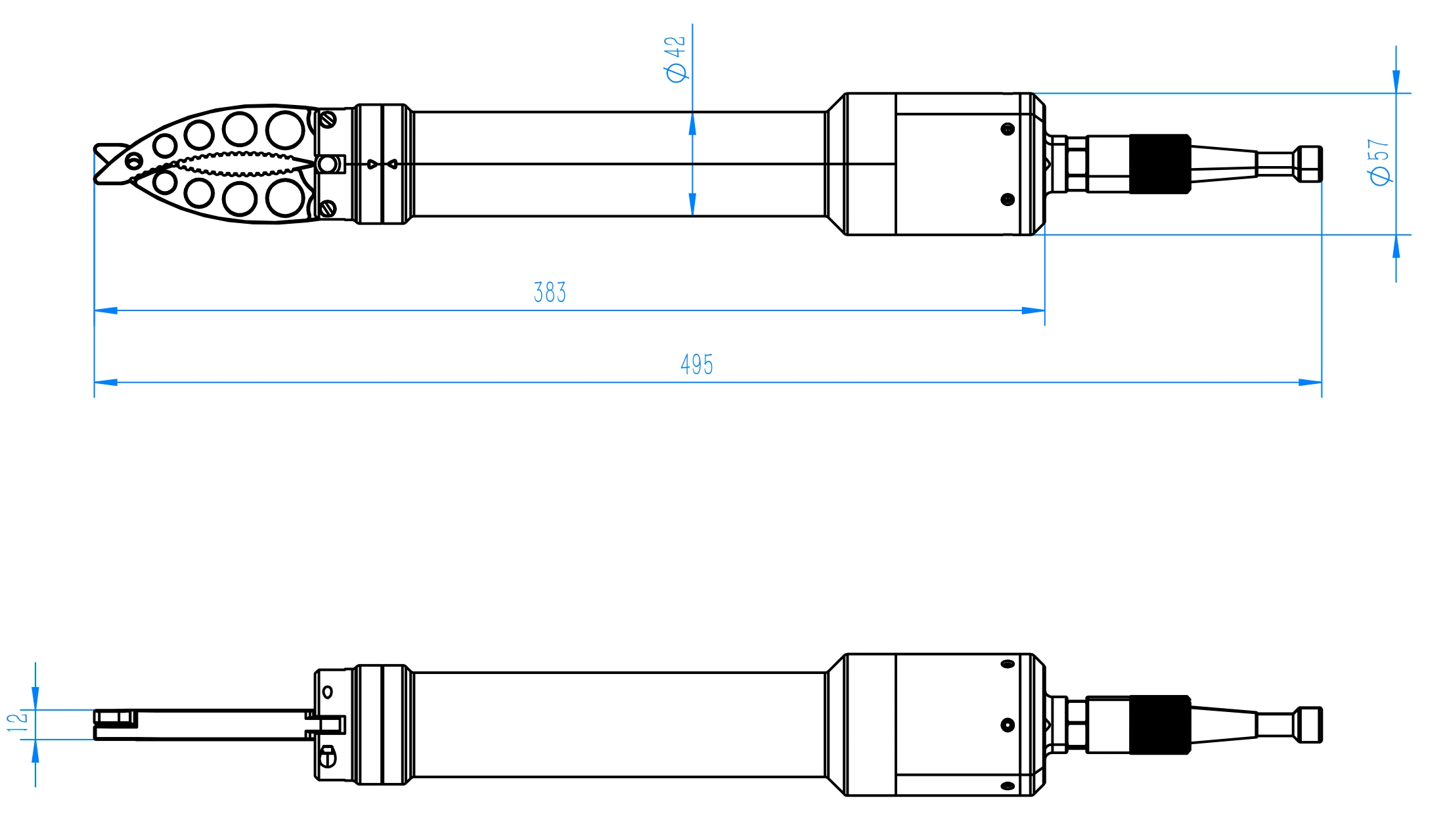 Original dimensioned two-view engineering drawing showing 495 mm overall length, 383 mm dimensioned span, 42 mm tube diameter, 57 mm rear housing diameter and 12 mm side-view callout