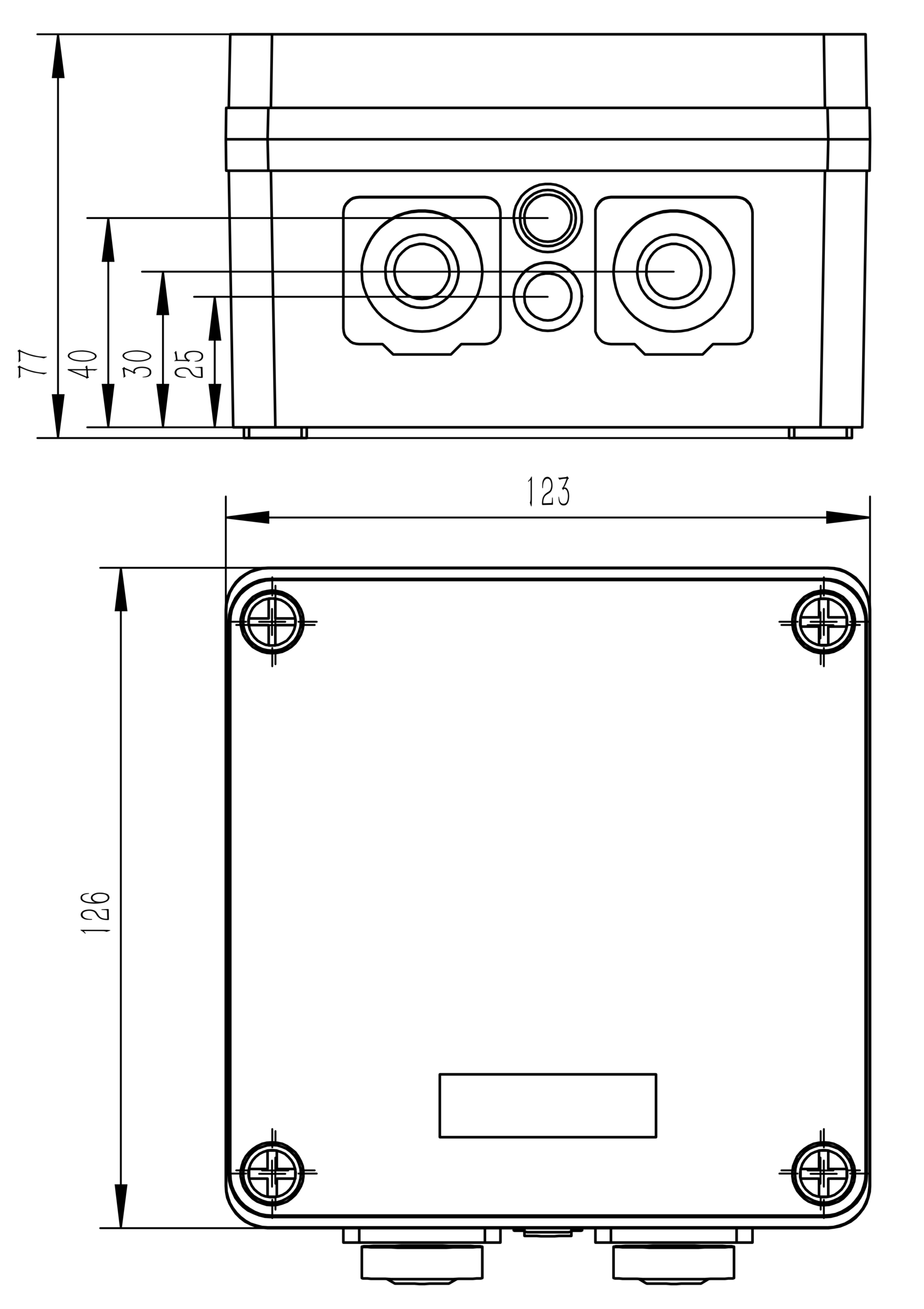 Original battery version enclosure drawing with 123, 126, 77, 40, 30 and 25 millimetre dimensions