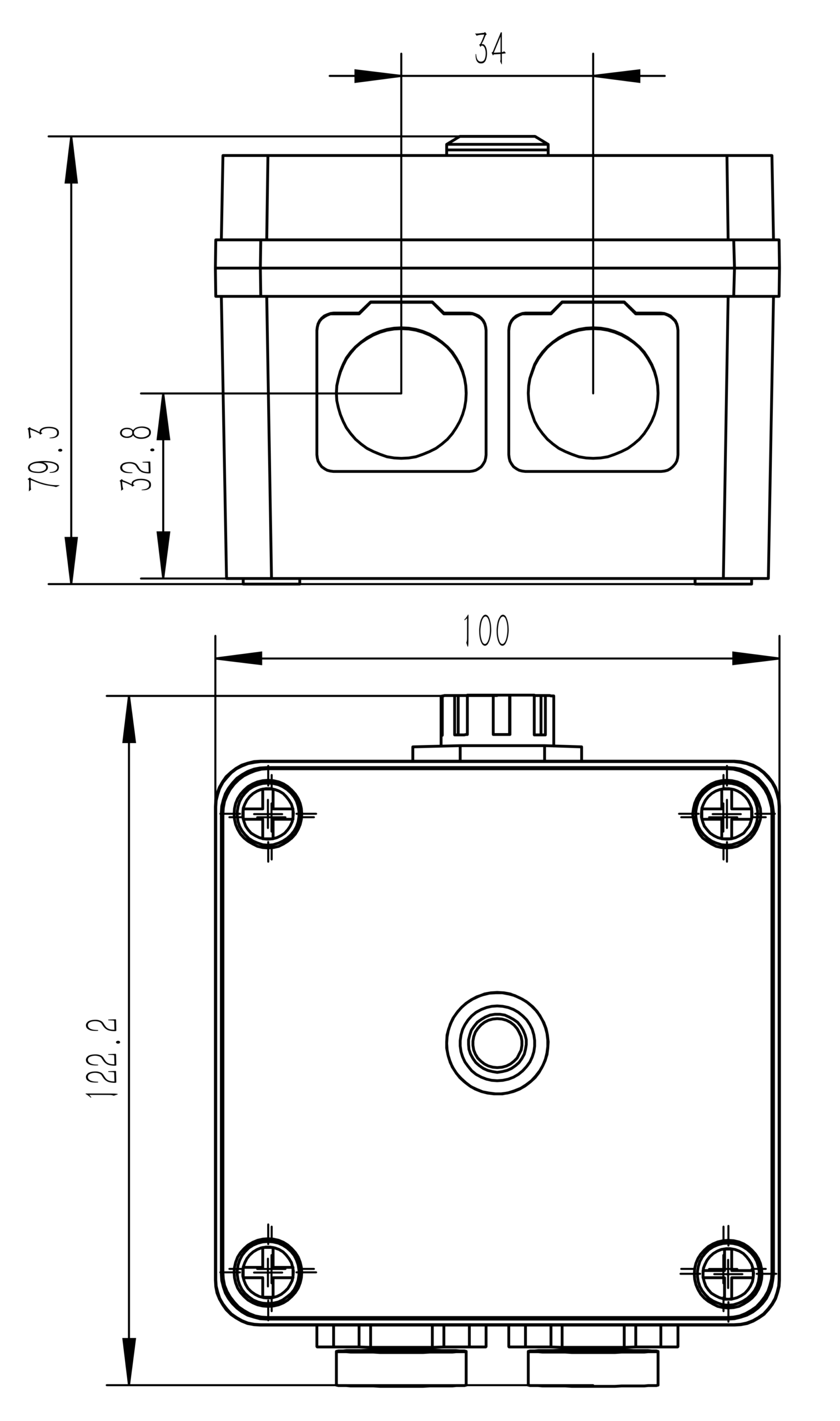 Original USB version enclosure drawing with 100, 122.2, 79.3, 34 and 32.8 millimetre dimensions